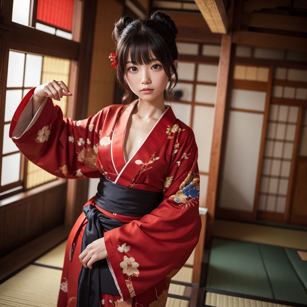 Dynamicpose,Highest quality、Masterpiece、Highest detail、Japanese Yokai、Bob-haired beautiful girl、Red kimono、Chest、Kimono with messy feet、Combatant、In combat、Glare