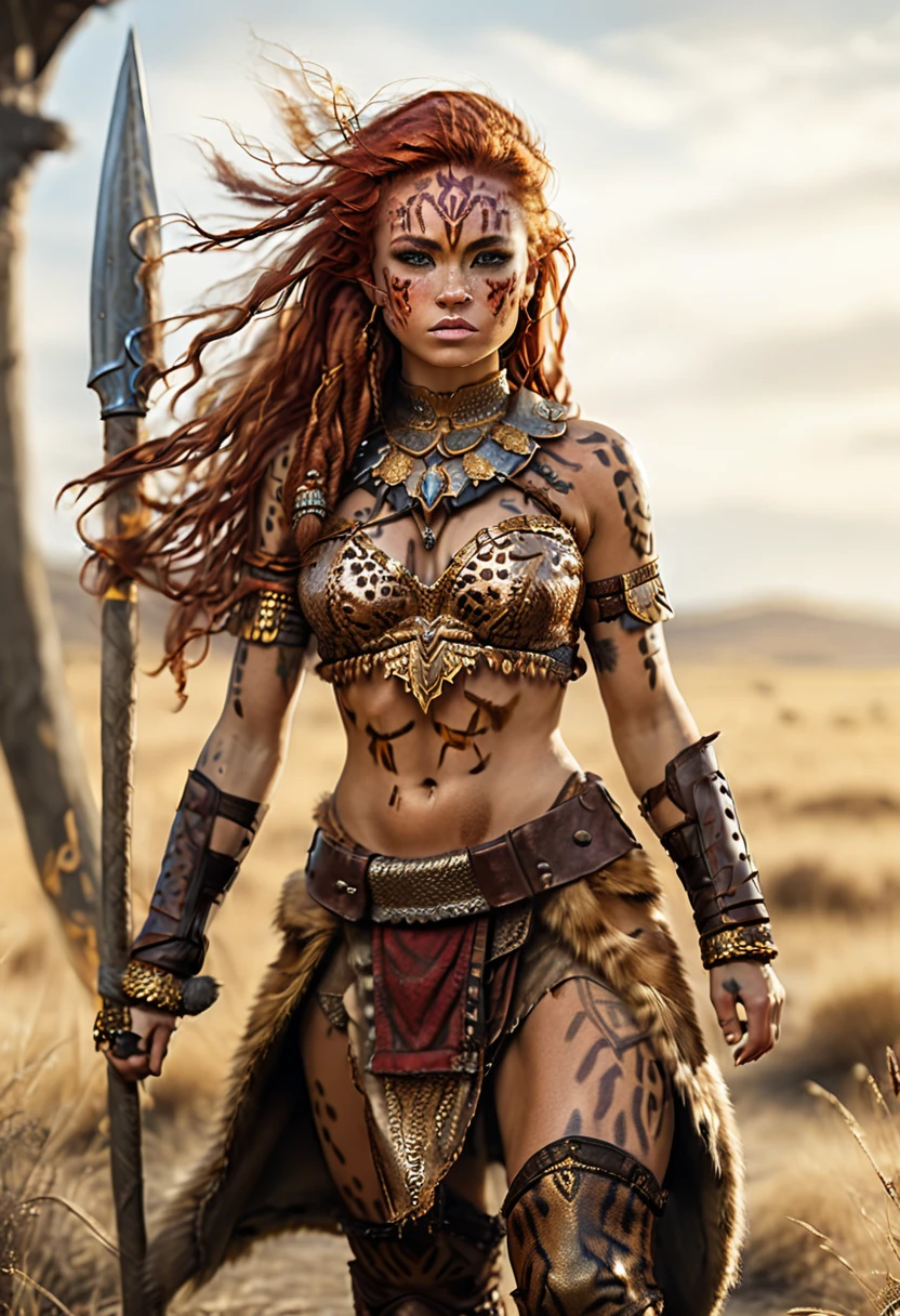 (best quality,ultra-detailed),(realistic:1.37), full body shot, scene:sexy muscled female barbarian,red long hair,sexy barbarian armor outfit, lots of cheetah fur details, six packs,detailed chetah fur tunic under armor, scouting plain nearby on savana ,medium:oil painting,material:fine canvas,additional details:gorgeous golden accessories,jewelry, cheetah leather boots,art style:fantasy,colors:rich and vibrant,lighting:soft golden sunlight