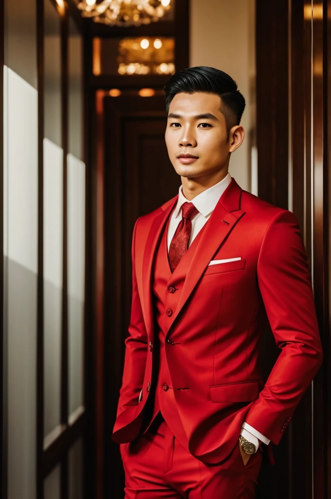 Rich and handsome Thai man in all-red suit