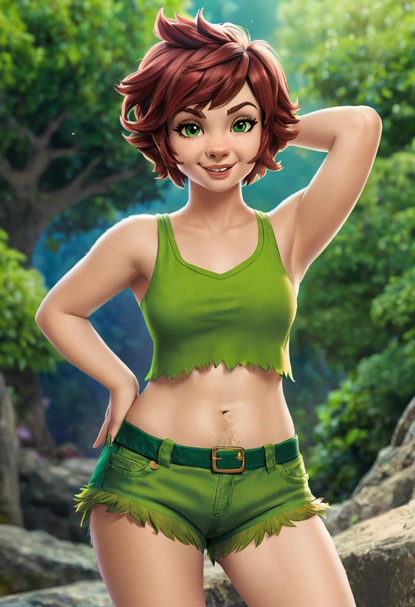 Female Peter Pan short hair, shaggy belly hair, green mini shorts