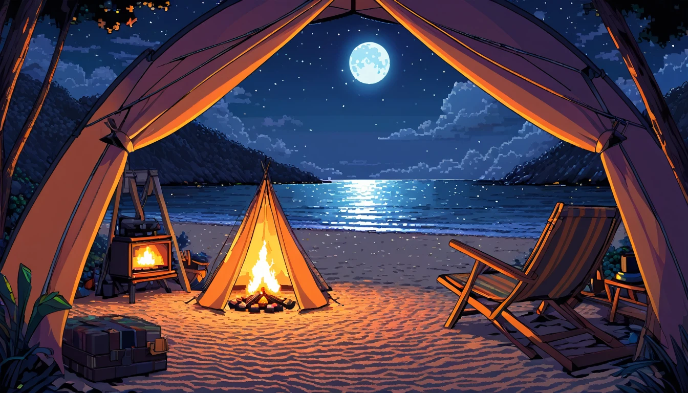 a lonely figure setting up a tent near a beach, campfire glowing in the darkness, star-filled and full moon night sky above, intricate pixelart style, HDR, 8k, high quality, detailed interior of the tent, relaxing color palette