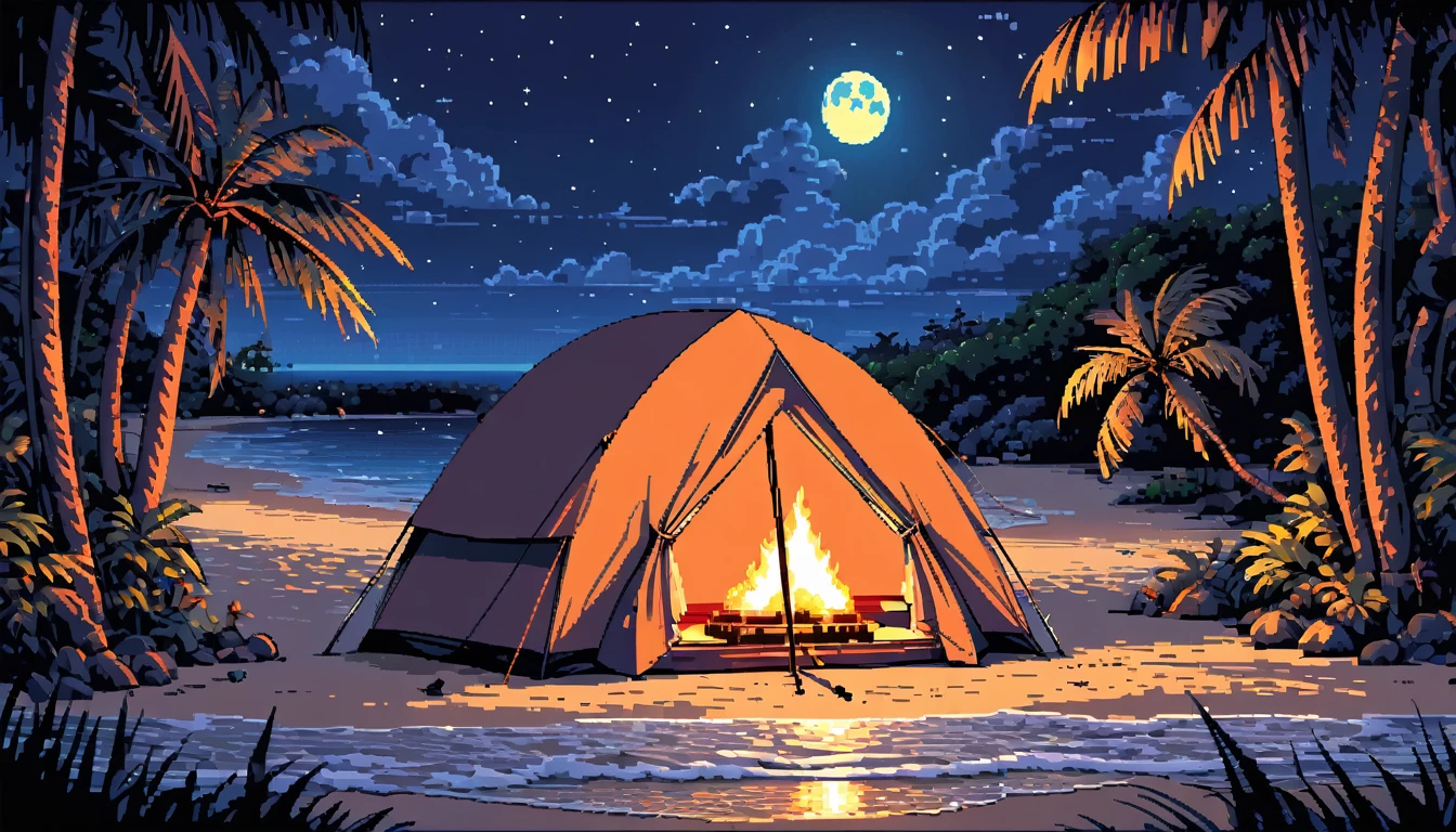 a lonely figure setting up a tent near a beach, campfire glowing in the darkness, star-filled and full moon night sky above, intricate pixelart style, HDR, 8k, high quality, detailed interior of the tent, relaxing color palette