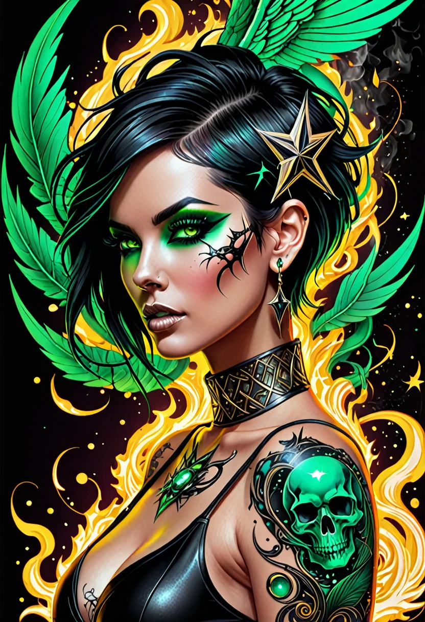 High quality, tattoos, neon, hardcore, emerald-black-gold star background, injan, steel, spikes, planets, crack, double exposition, unique, girl, skull, raven, snake, broken, neon eyes, fangs, rosesPortal, separation, smoke, steam, fragments, recursion, fierce fire, spraying, short hair, vector graphics, excessive detail, filigree drawing, metamorphosis, detailed drawing, 64k, ISO 1500