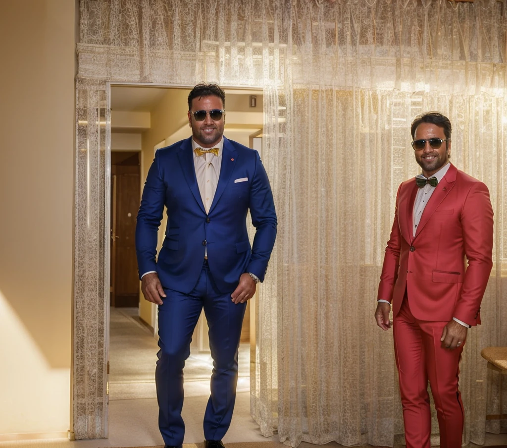 (best quality,4k,realistic,ultra-detailed,handsome 40-year-old man,brown eyes and hair,95kg,full body,dressed in formal attire),vivid colors,professional lighting,portrait, Sunglasses, In a professional environment with women 