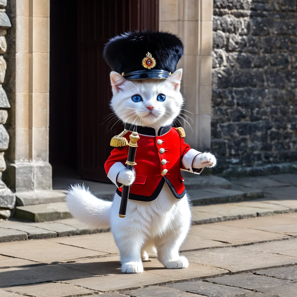 C4tt4stic, anthropomorphic blue-eyed white furry kitten, surrounded by countless light particles, each shining brightly, A ceremonial guard in a red uniform and a black bearskin hat stands in front of a historic building. The guard is positioned inside a small guardhouse structure with a curved top. The building has stone walls and a window in the background. The guard is standing straight with a rifle held over his shoulder, demonstrating a formal and disciplined posture. The scene resembles the Changing of the Guard ceremony at Buckingham Palace in London.A humanized animal character walking on two legs, wearing clothes and having human-like posture. The animal has human-like hands and feet.