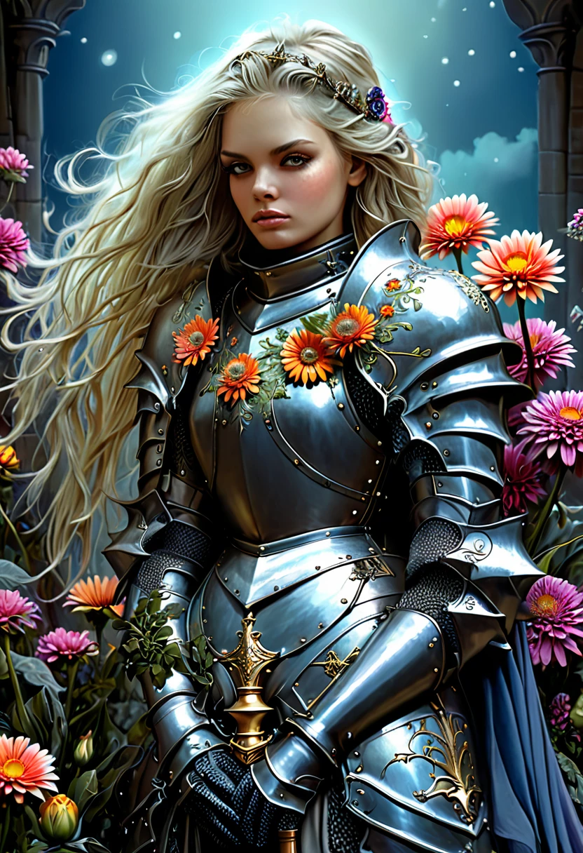 The first knights, Flowers for the Faded, Moonchild, Punked Steam, fantasy painting, epic beauty, portrait, highly detailed, intricate detail, Art for the faint of heart, The depth and complexity are enhanced by the use of digital materials, a variety of complementary and colored shades --ar 14:9 --uplight