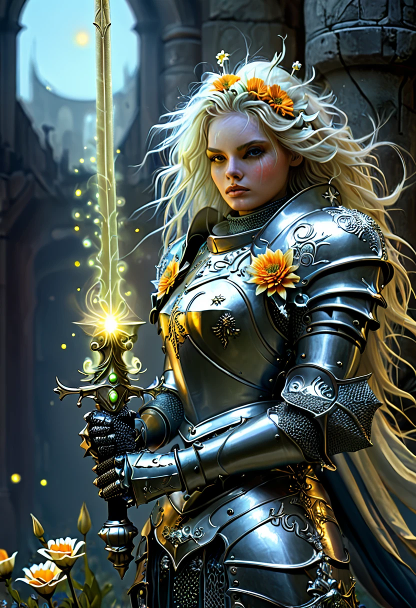 The first knights, Flowers for the Faded, Moonchild, Punked Steam, fantasy painting, epic beauty, portrait, highly detailed, intricate detail, Art for the faint of heart, The depth and complexity are enhanced by the use of digital materials, a variety of complementary and colored shades --ar 14:9 --uplight