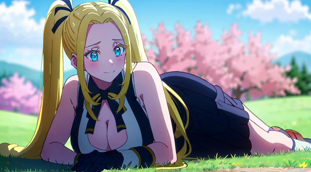 mksks style, masterpiece, best quality, long eyelashes, eyeliner, eyeshadow, mascara, colorful, pink lips, deep skin, looking at viewer, full body, curvy, beatrix amerhauser , 1girl, breasts, solo, long hair, blue ribbon, twintails, gloves, ribbon, rei no himo, large breasts, blue eyes, blonde hair, looking at viewer, light smile, closed mouth, hair ribbon, bow, sleeveless, sleeveless dress, bangs, blush, cleavage cutout, hair ornament, very long hair, arm ribbon, shiny skin, outdoors, grassy fields, blue sky, cloudy sky, tight, taut dress, breast focus, upper body, sexy pose, microbikini bare shoulders, breastsout