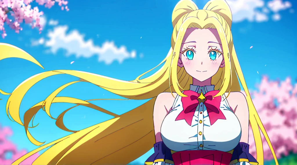 mksks style, masterpiece, best quality, long eyelashes, eyeliner, eyeshadow, mascara, colorful, pink lips, deep skin, looking at viewer, full body, curvy, beatrix amerhauser , 1girl, breasts, solo, long hair, blue ribbon, twintails, gloves, ribbon, rei no himo, large breasts, blue eyes, blonde hair, looking at viewer, light smile, closed mouth, hair ribbon, bow, sleeveless, sleeveless dress, bangs, blush, cleavage cutout, hair ornament, very long hair, arm ribbon, shiny skin, outdoors, grassy fields, blue sky, cloudy sky, tight, taut dress, breast focus, upper body, sexy pose, microbikini bare shoulders, breastsout 