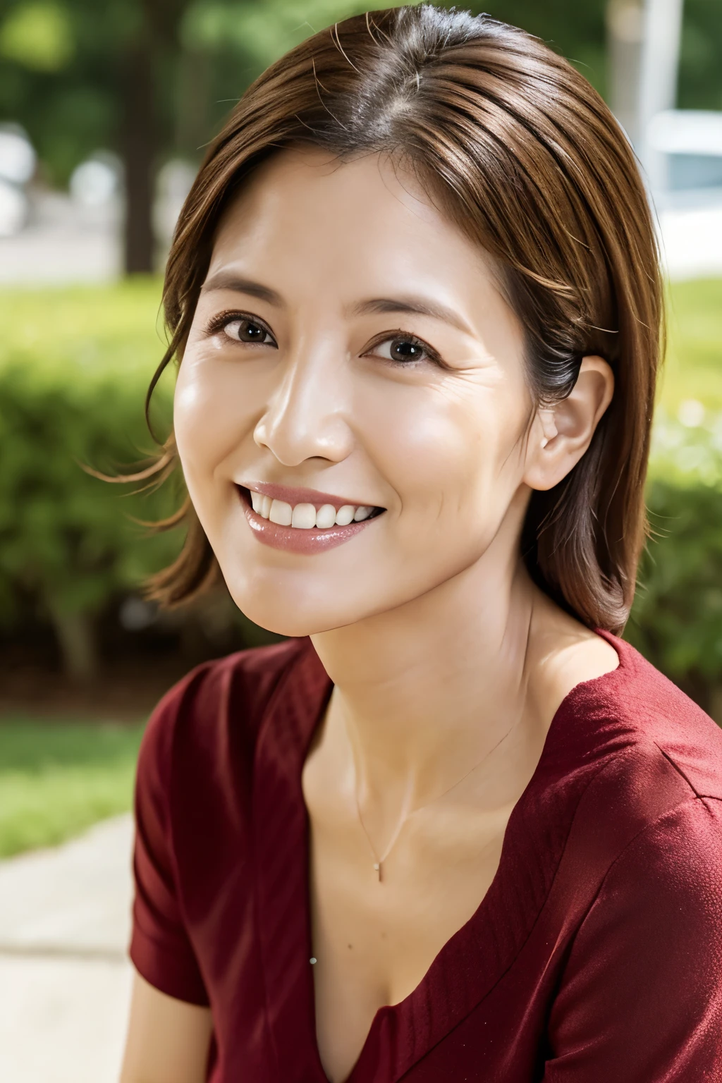 最high quality, In 8K, Masseter region, real, Sharp focus, high quality, High resolution, Detailed face, Fine grain, Thick lips, Background Blur, alone, Full body photography, Middle-aged women, , 65 years old, , Wavy Hair, Cleavage, Wearing a plain short-sleeved knit, Sitting on a park bench, Wrinkles around the eyes, Smiling with teeth showing