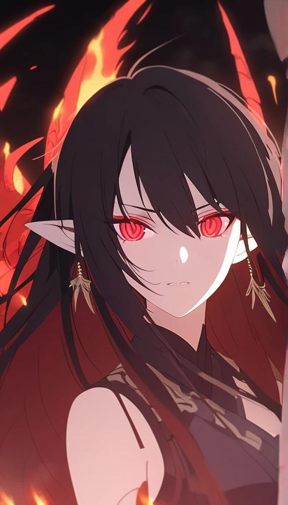 1woman, elven ears, darkness god, fire black hair, straight hairstyle, glowing red eyes, black roses, fire wings, cruel angel, elegant thai warrior,