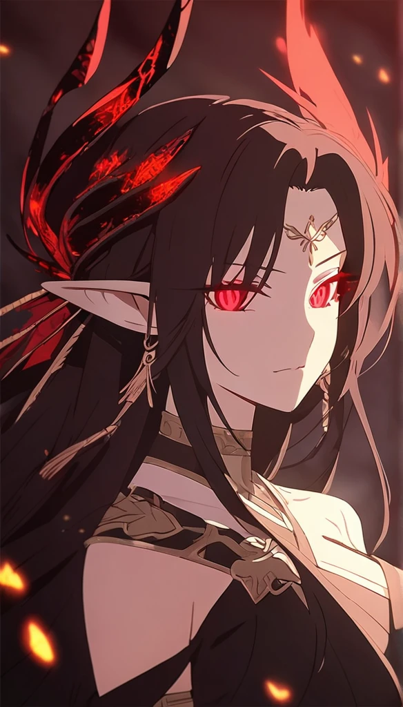 1woman, elven ears, darkness god, fire black hair, straight hairstyle, glowing red eyes, black roses, fire wings, cruel angel, elegant thai warrior,