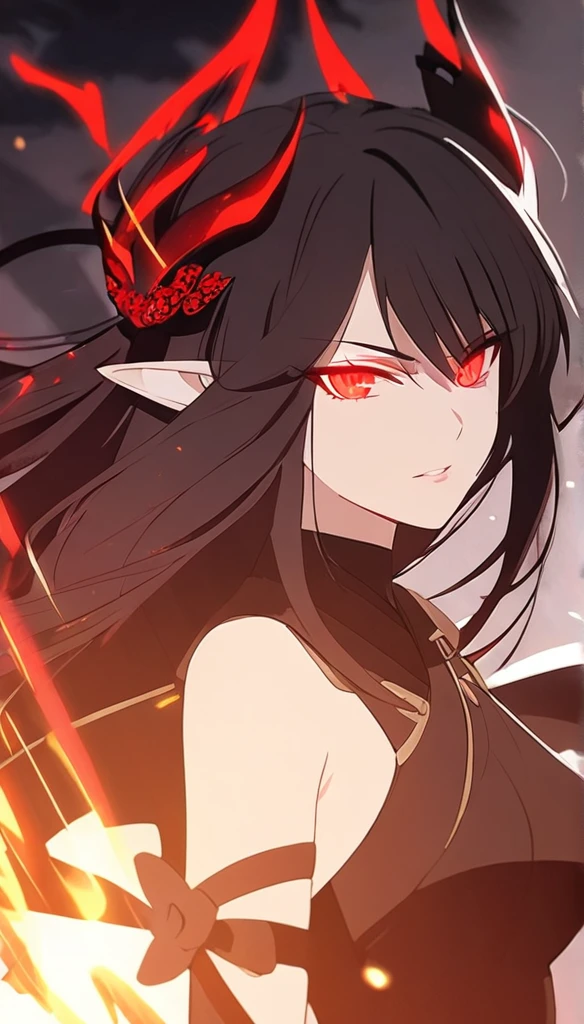 1woman, elven ears, darkness god, fire black hair, straight hairstyle, glowing red eyes, black roses, fire wings, cruel angel, elegant thai warrior,
