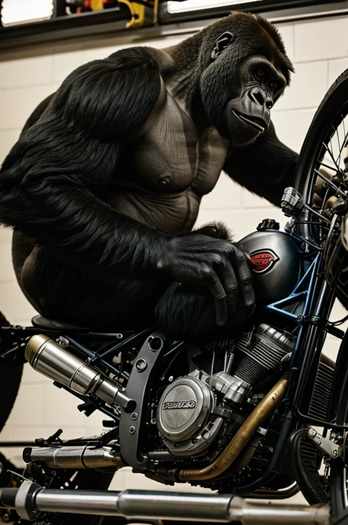 An animated motorcycle mechanic gorilla