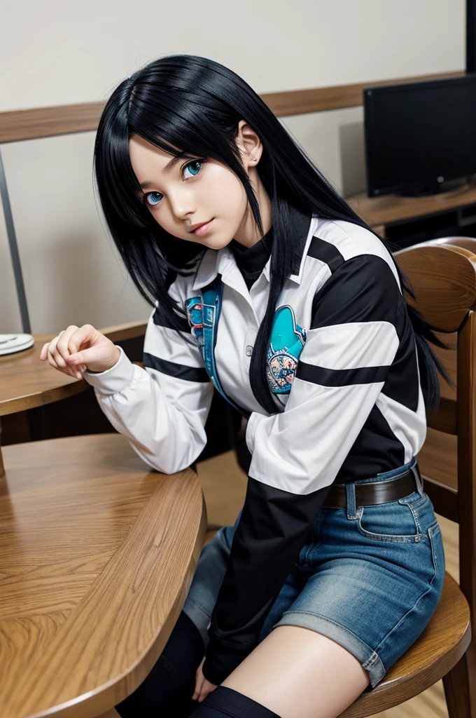 2D anime girl MY HERO ACADEMIA eyes: phosphorescent mints Hair: straight black color and short Posision: sitting at a table Clothes: AU clothing from MY HERO ACADEMIA