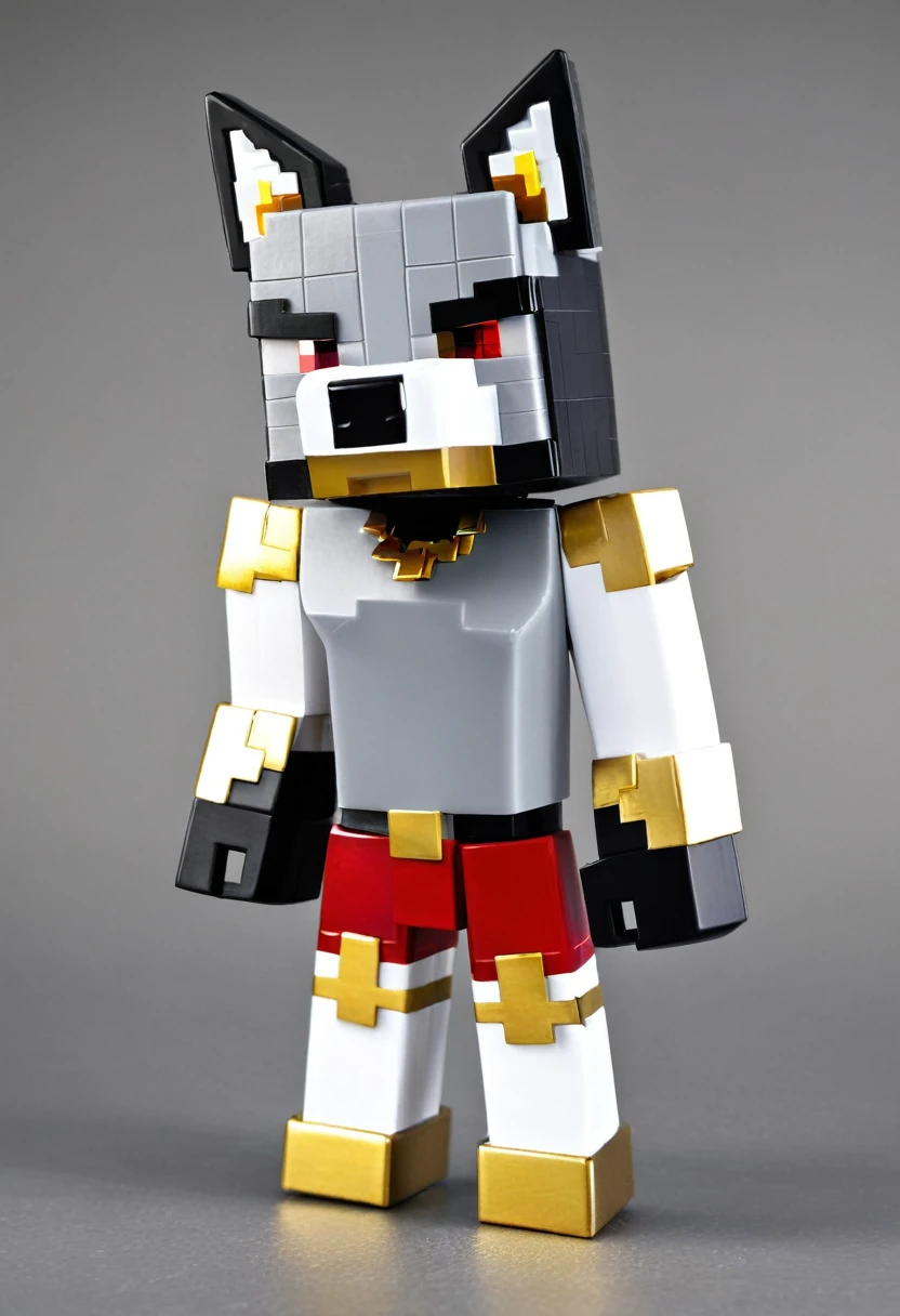 minecraft gray wolf, golden eyes, red necklace, silver plate, muscular, black inner boxer, curvy*