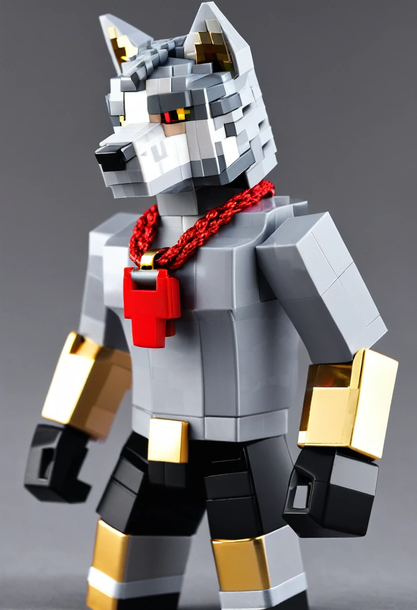minecraft gray wolf, golden eyes, red necklace, silver plate, muscular, black inner boxer, curvy*