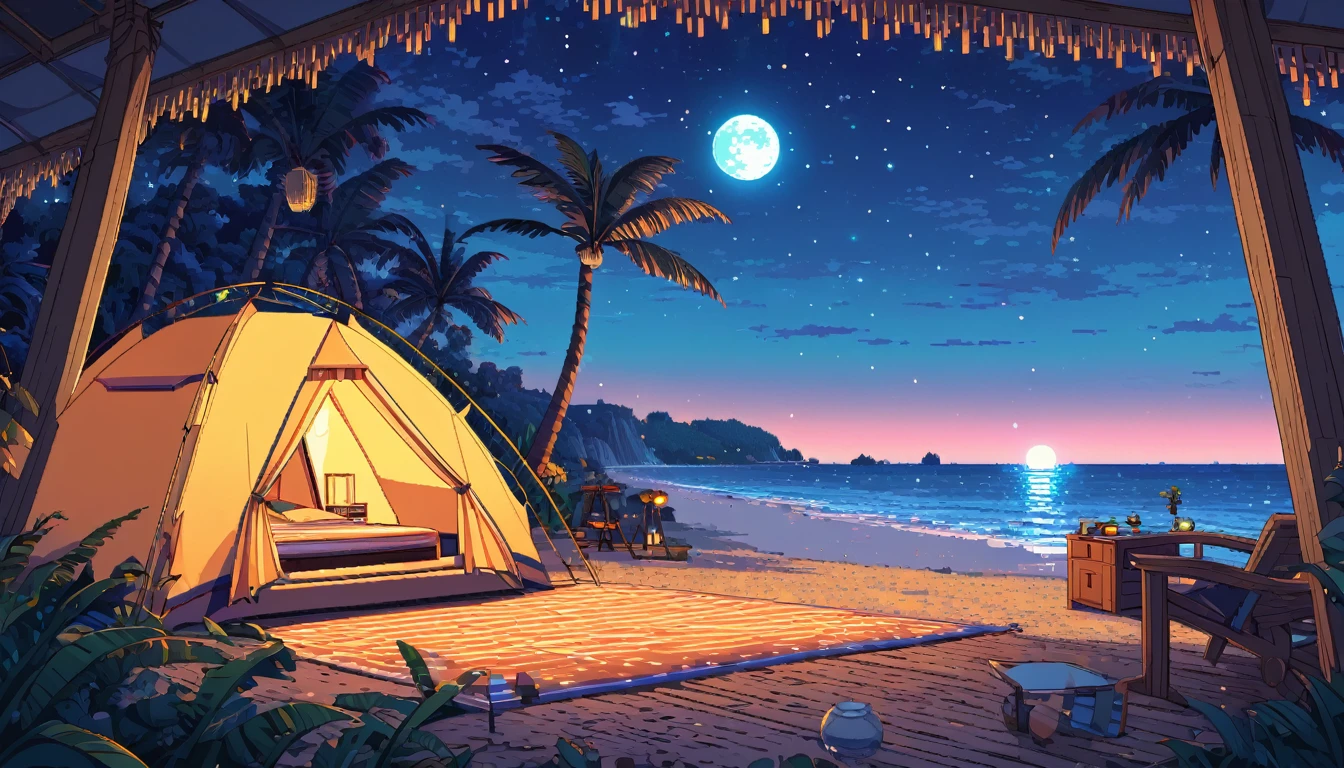 a lonely figure setting up a tent near a beach, star-filled and full moon night sky above, intricate pixelart style, HDR, 8k, high quality, detailed interior of the tent, relaxing color palette