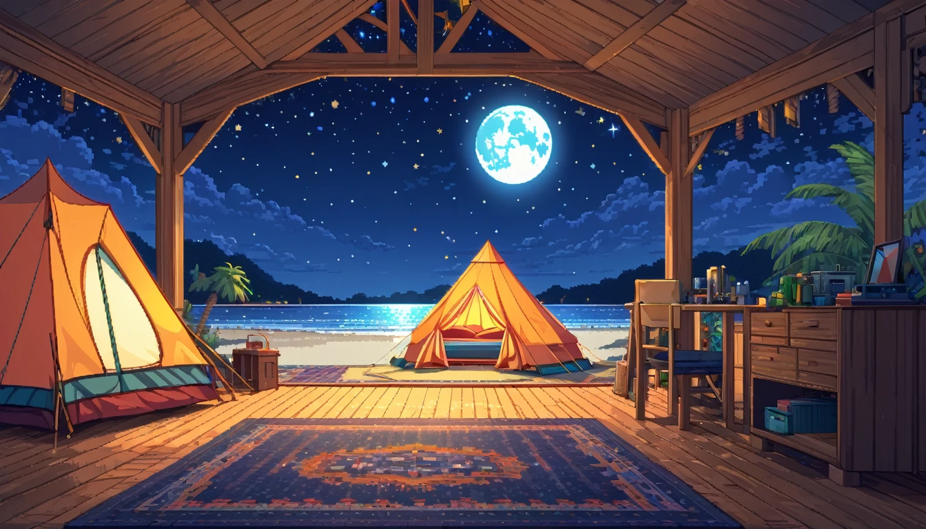 a lonely figure setting up a tent near a beach, star-filled and full moon night sky above, intricate pixelart style, HDR, 8k, high quality, detailed interior of the tent, relaxing color palette
