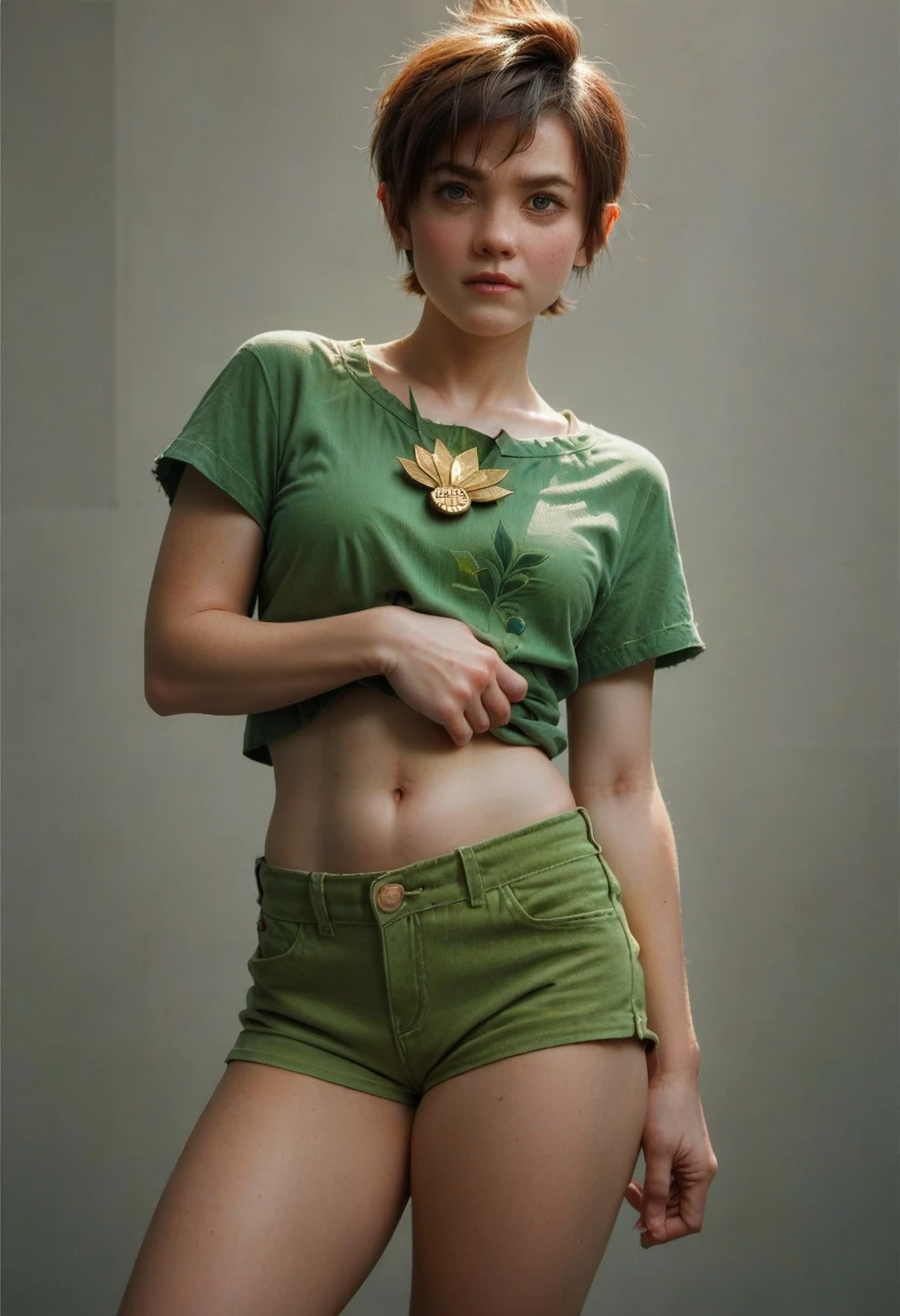 Woman Peter Pan short hair, shaggy belly hair treasure trails, green mini shorts