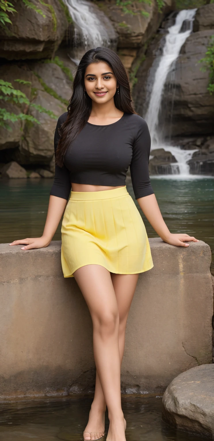 A photorealistic portrait of a 30-year-old Indian woman with big-sized breasts, wearing dark black crop top full sleeves with yellow plaided skirt to show her  sexy legs,She is posing in waterfall Lake sexy adult poses, smile happy face,captured in a full-body shot,real, hyper realistically. 8k resolution, with high detail and quality.