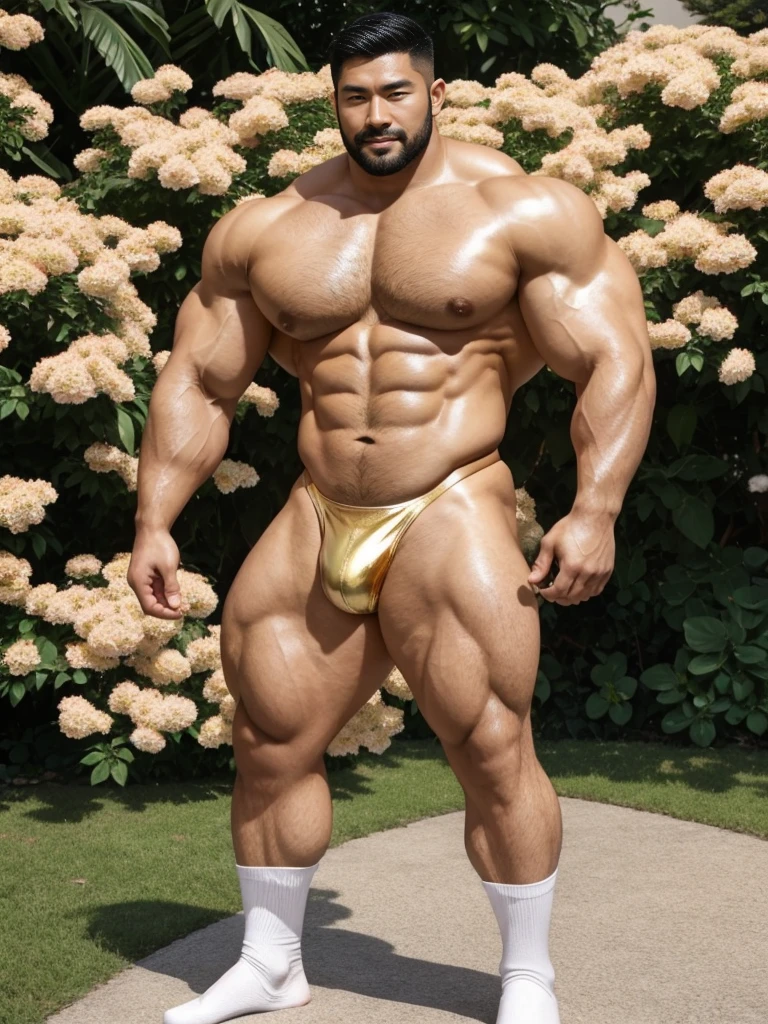 There is only one handsome Asian actor in the picture，30 years old，Tall and handsome, Toned body，short hair, O-Shaped Beard，Perfect body, Dark skin，Glowing skin，Smooth skin，The body is hairless，Muscle bulge, Muscular, Very large pectoral muscles，Very sexy abdominal muscles，Very well-developed leg muscles，Huge concave and convex area，Brightens oily skin，Wearing a gold leather shiny thong，Handsome face， Correct and accurate male body proportions, Wear white socks，Stand among the flowers。
