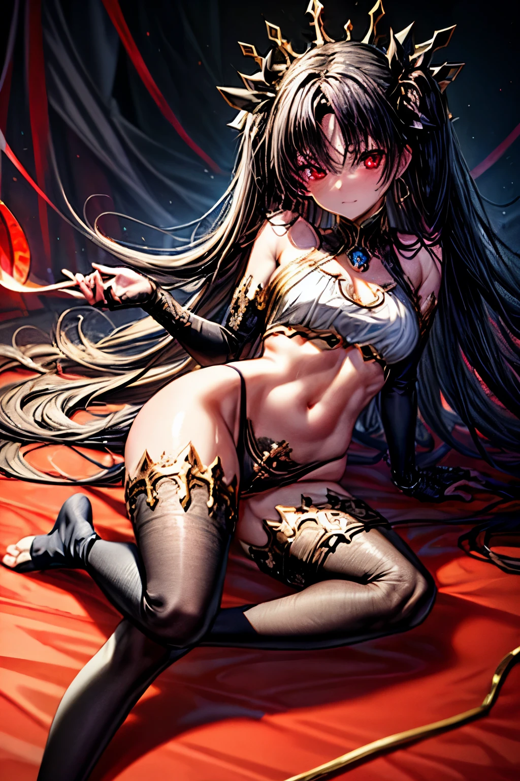 ishtar_fgo, black hair, (red eyes:1.5), long hair, (small breasts:1.2), sweat, sweaty body
BREAK white top, bike shorts, black thigh-highs, white elbow gloves, black choker
BREAK looking at viewer, from bello feet, full body,
BREAK (masterpiece:1.2), best quality, high resolution, unity 8k wallpaper, (illustration:0.8), (beautiful detailed eyes:1.6), extremely detailed face, perfect lighting, extremely detailed CG, (perfect anatomy)