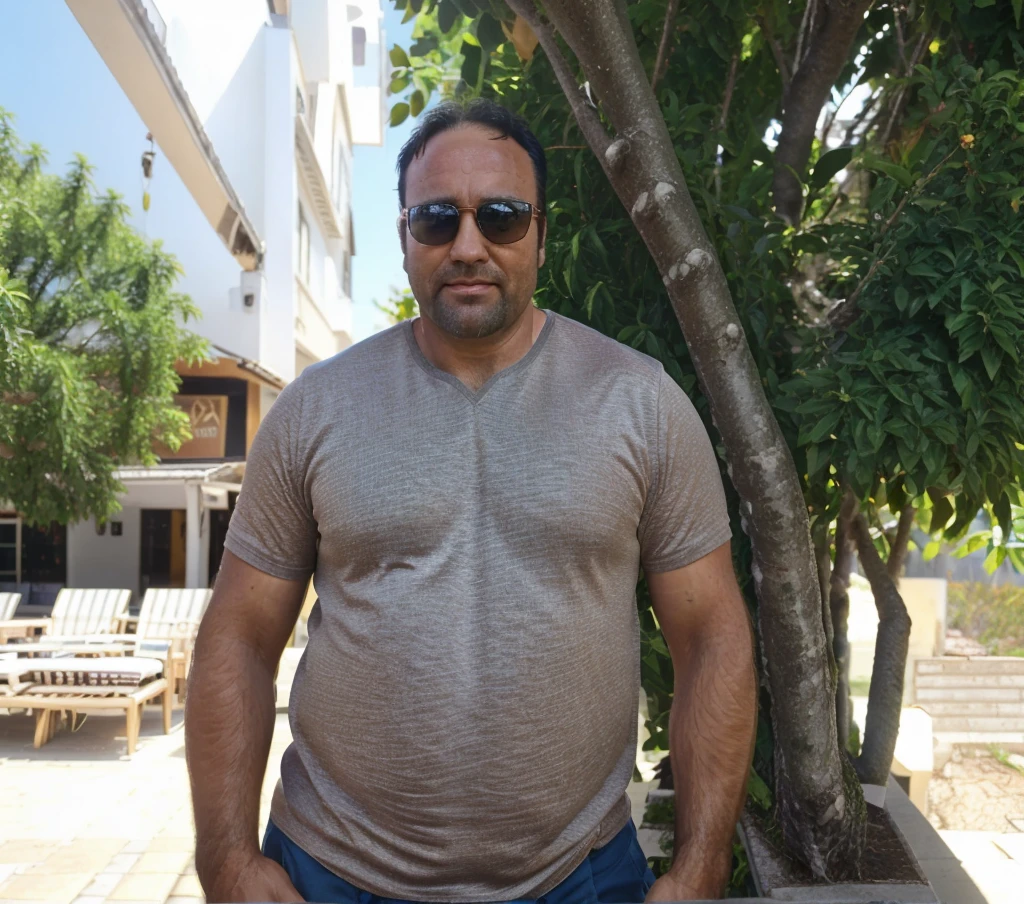 (best quality,4k,realistic,ultra-detailed,handsome 40-year-old man,brown eyes and hair,95kg,full body),vivid colors,professional lighting,portrait, Sunglasses