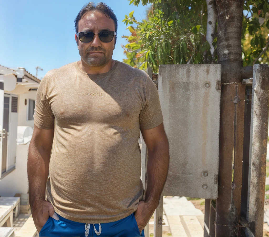 (best quality,4k,realistic,ultra-detailed,handsome 40-year-old man,brown eyes and hair,95kg,full body),vivid colors,professional lighting,portrait, Sunglasses