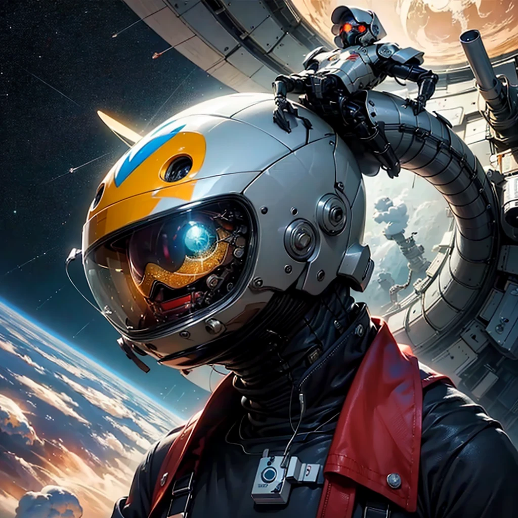 A futuristic space station orbiting a vibrant, alien planet, with various spacecraft coming and going