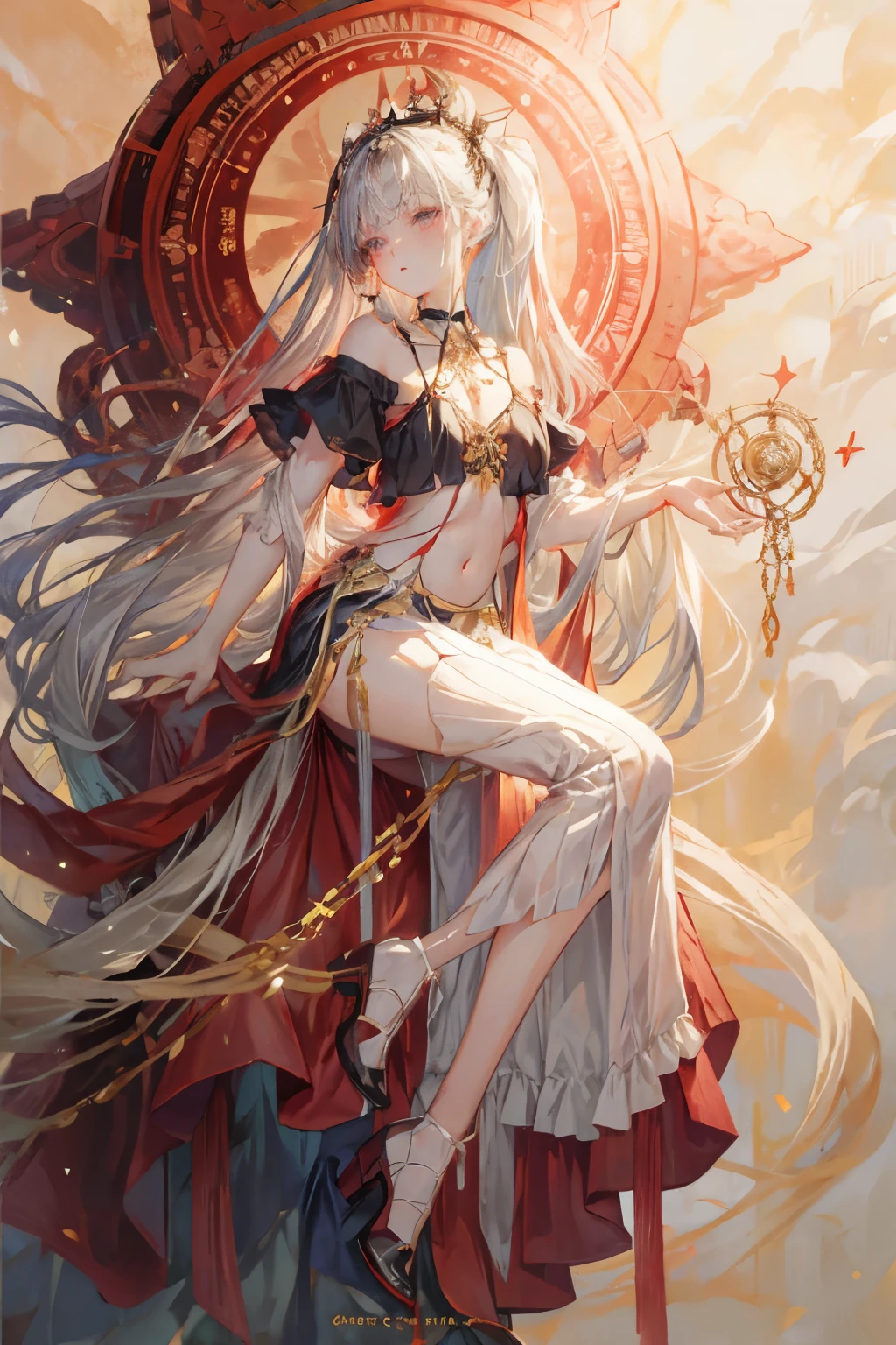  ((best quality)), ((masterpiece)), (detailed), 1girl, Character design, scholarly  female, scholar, female scholar, educator, teacher, fortune teller, palm reader, astrology, astrological symbolism, star reading, celestrial theme, heavens, heavens above, constellations, dynamic poses, long white grey hair, grey white eyes, very skinny, detailed, best quality, no accesoires around the neck, no shoes, prominent collarbones, skinny arms, flat stomach, visible hip bones, full body, blank white background, plain background, white background, red and white clothing, Bloodborne inspired, occult aesthetic, occult, detailed and intricate steampunk and detailed gothic, NSFW, Fluttering lace flared long knee length dress with frilly petticoats, knee length dress, pleated petticoats, petticoats gothic, complex lace boots, gothic aesthetic, wielding a mighty sword with mechanical components, mandalas, small breasts, a fairy, various different types of insect wings, beetle wings, NSFW, full body, whole body, body, chains, 