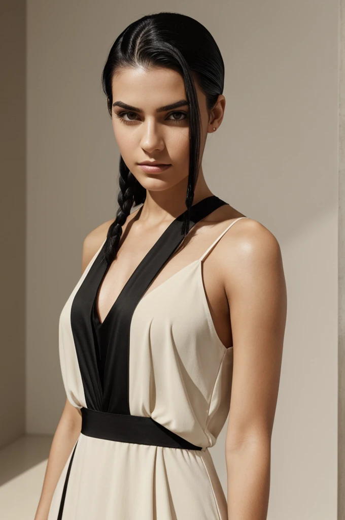 The image shows a young woman with straight black hair, slicked back hairstyle with a middle part and two loose strands on the sides of her face. His expression is serious and direct, with an intense look towards the camera. She is wearing a black dress with thin straps.. The background is light colored, probably white or beige, further highlighting your figure and facial expression. The image has a professional and minimalist style.