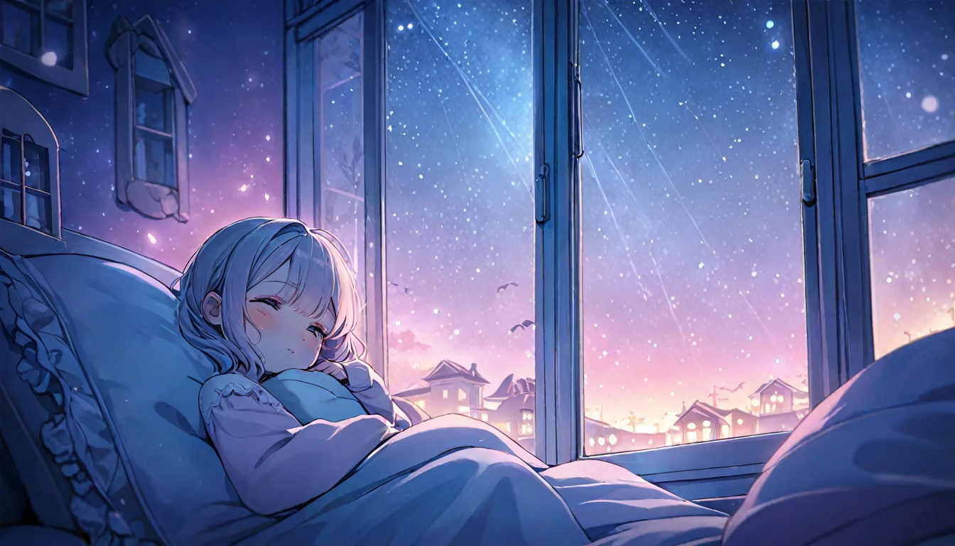 (((compliment))), cozy night, ,masterpiece,rushlight, soft colorful lighting, Nighttime, soft aesthetic, pastel pink+blue theme, Detailed interior, By the window, Styled by Anna Dittmann and Alena Aenami, dynamic angle (dreamy picture:1.2) (quiet and serene:1.3) (soft, muted colors:1.2) (soft 조명:1.2) (silent Night:1.1)