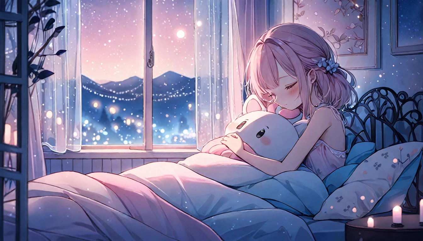 (((compliment))), cozy night, ,masterpiece,rushlight, soft colorful lighting, Nighttime, soft aesthetic, pastel pink+blue theme, Detailed interior, By the window, Styled by Anna Dittmann and Alena Aenami, dynamic angle (dreamy picture:1.2) (quiet and serene:1.3) (soft, muted colors:1.2) (soft 조명:1.2) (silent Night:1.1)
