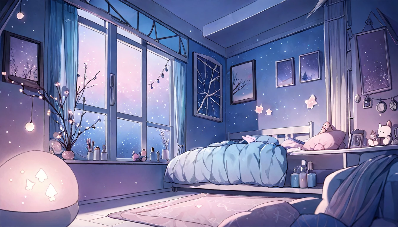 (((compliment))), cozy night, ,masterpiece,rushlight, soft colorful lighting, Nighttime, soft aesthetic, pastel pink+blue theme, Detailed interior, By the window, Styled by Anna Dittmann and Alena Aenami, dynamic angle (dreamy picture:1.2) (quiet and serene:1.3) (soft, muted colors:1.2) (soft 조명:1.2) (silent Night:1.1)