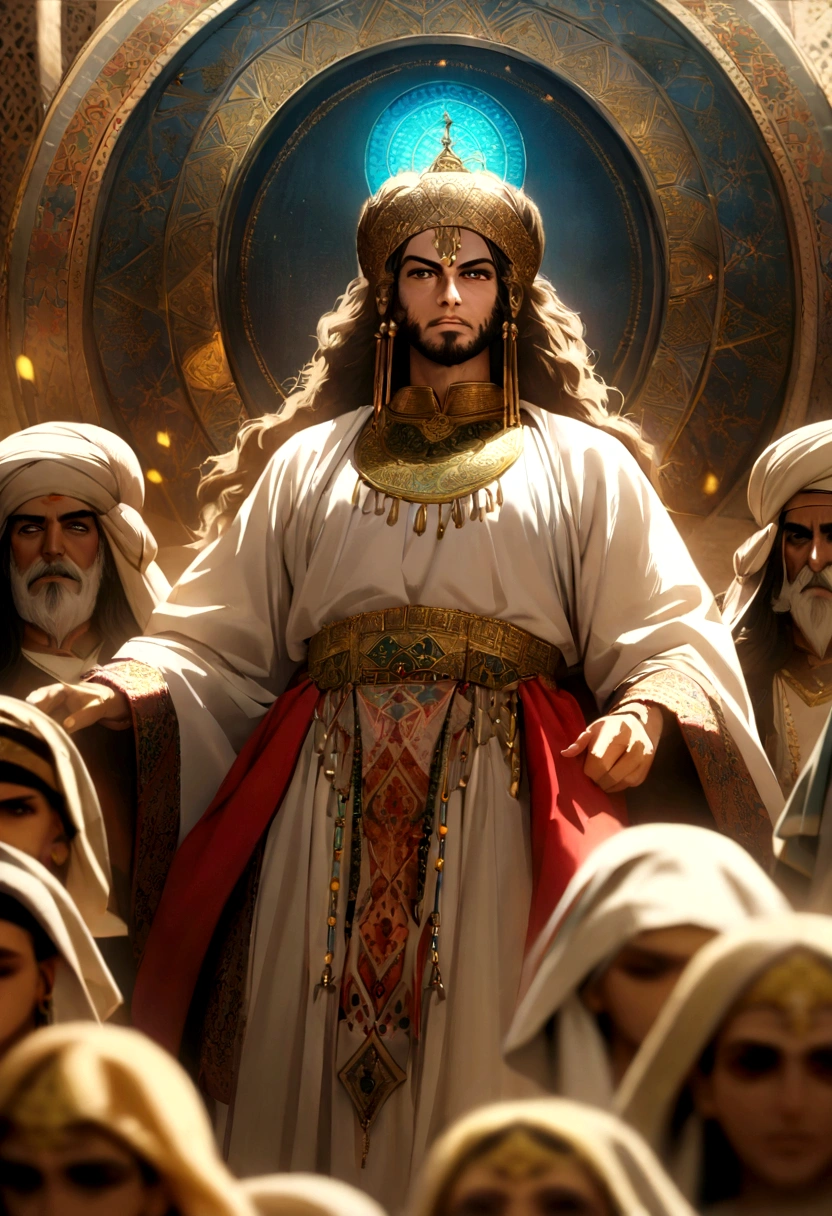 (((Persian God))) best quality, Ultra-high resolution, 4K Detailed CG, masterpiece, Ahura Mazda,Persian God, Persian costumes, Persian God庙, Persian God话, Iran, middle East, Persian style, aesthetics, Beautiful images, Depth of Field, In the center of the screen
