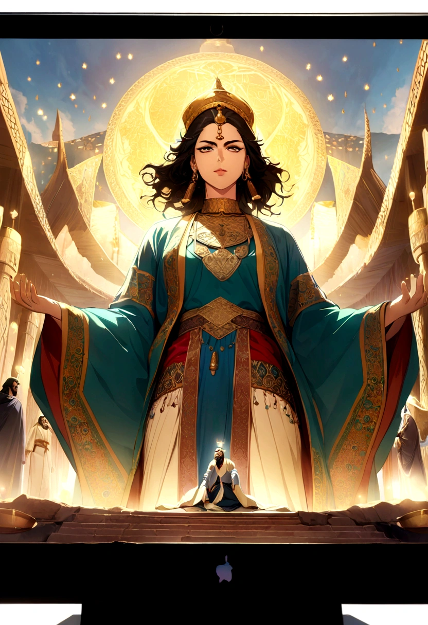 (((Persian God))) best quality, Ultra-high resolution, 4K Detailed CG, masterpiece, Ahura Mazda,Persian God, Persian costumes, Persian God庙, Persian God话, Iran, middle East, Persian style, aesthetics, Beautiful images, Depth of Field, In the center of the screen
