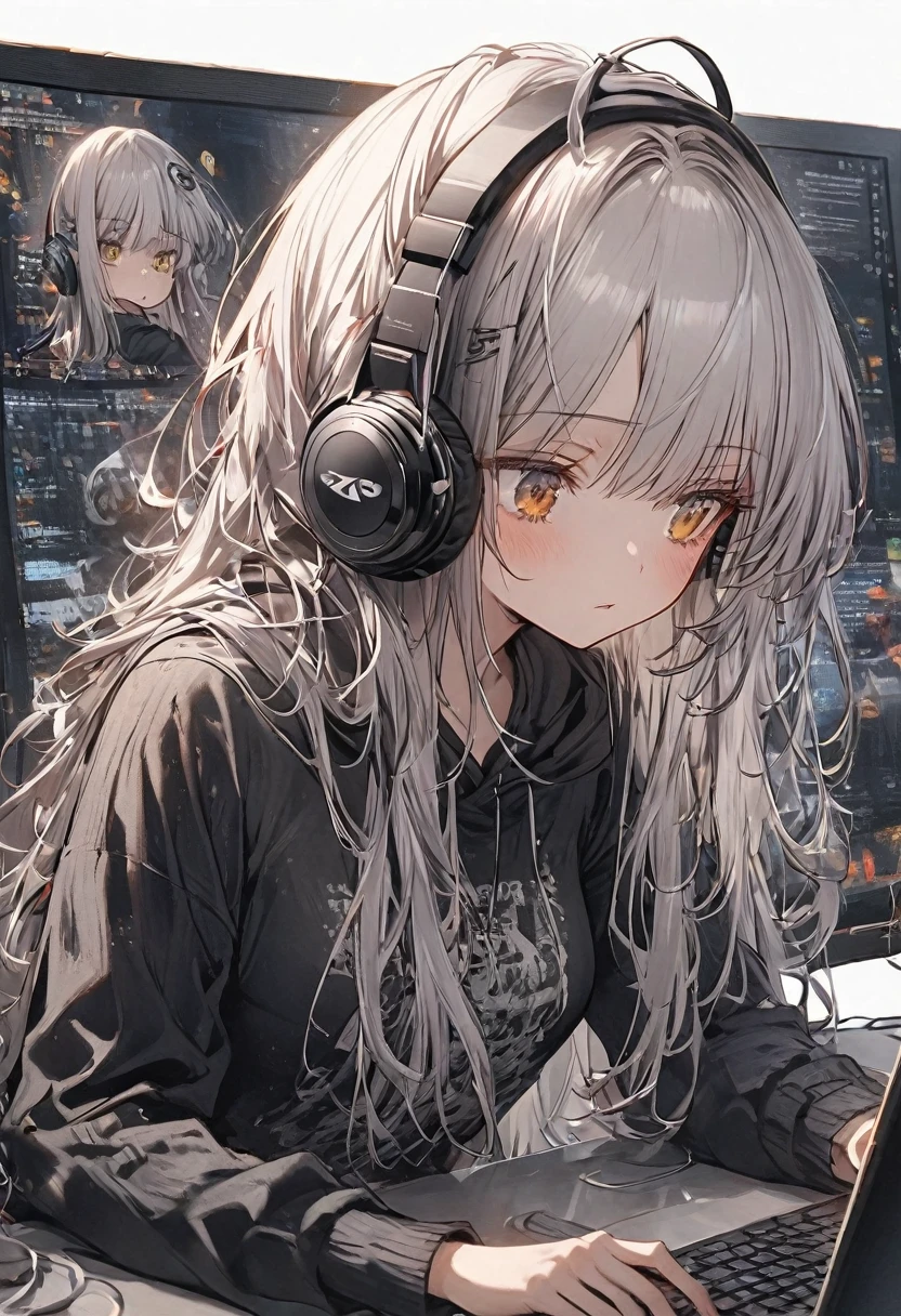 Woman using computer with big screen、Silver Hair、Semi-long hair、Wearing cool headphones,{{{{{{{{ Black hoodie oversized }}}}}}}},Beautiful and delicate golden eyes,thought,Black clothes,