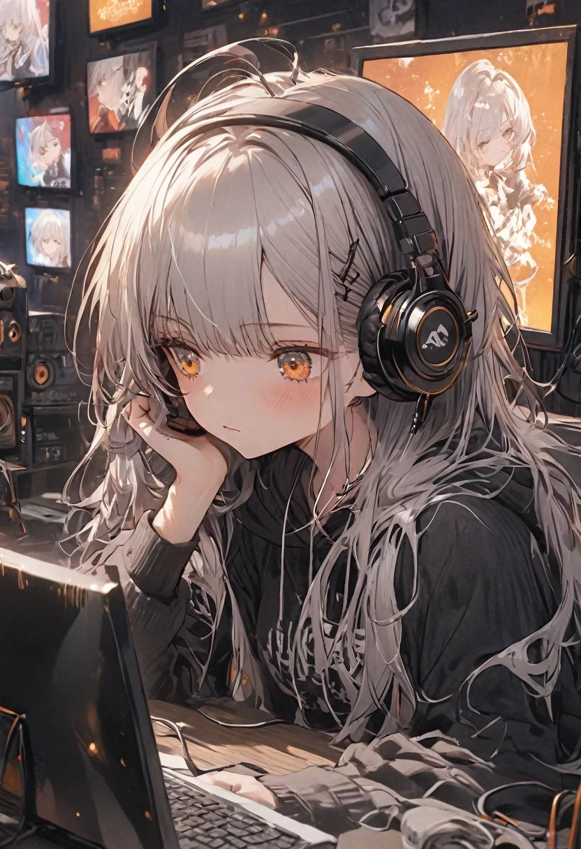 Woman using computer with big screen、Silver Hair、Semi-long hair、Wearing cool headphones,{{{{{{{{ Black hoodie oversized }}}}}}}},Beautiful and delicate golden eyes,thought,Black clothes,