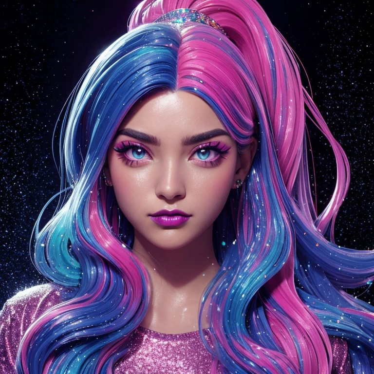 a portrait of a woman who looks very bored, glitter slime dripping from her face, she has long hair with colored streaks, neon lipstick