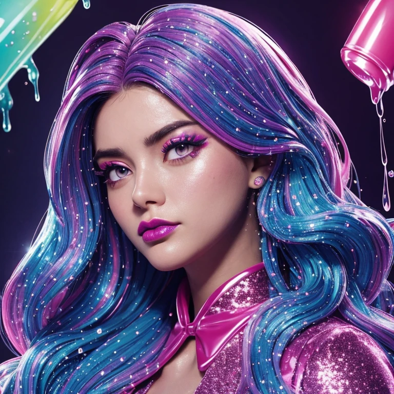 a portrait of a woman who looks very bored, glitter slime dripping from her face, she has long hair with colored streaks, neon lipstick