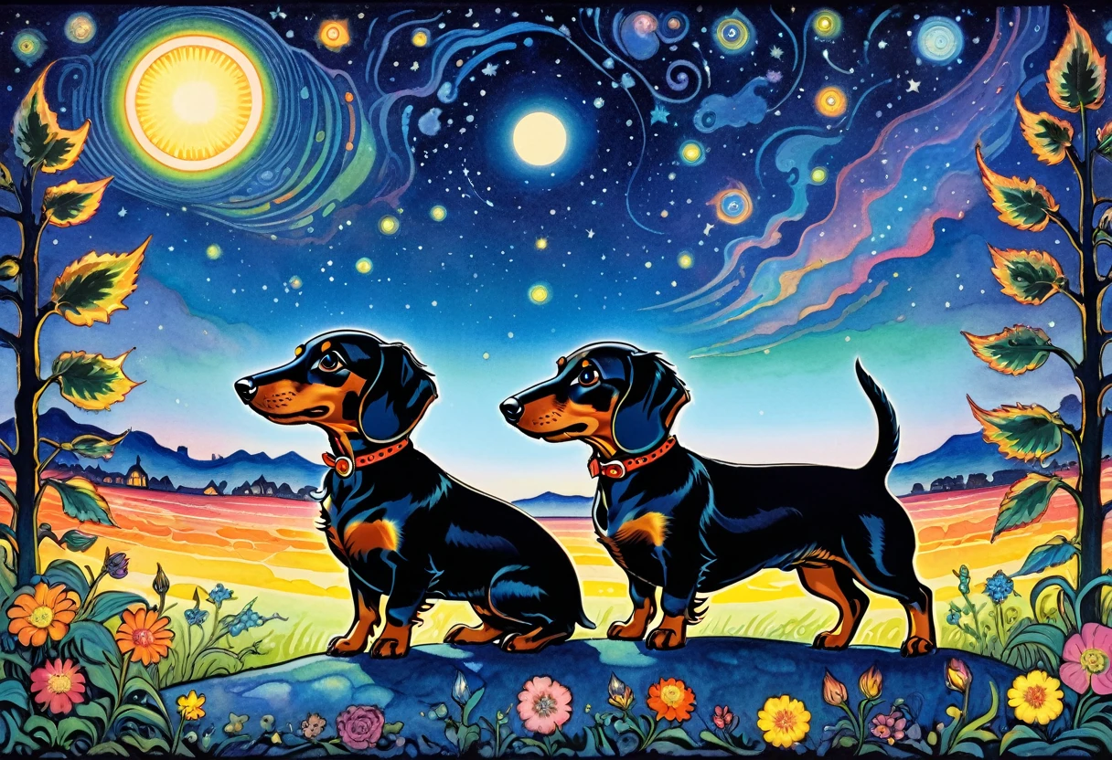 black dachshund:1.2 (art by louis wain): psychedelic prints,dachshund under the night sky, ((illustration by louis wain)), 
(extreme detail), ((best quality)), ((masterpiece)), ((realistic)), (perfect) , 8k,, 8k, —q 4 —s 750