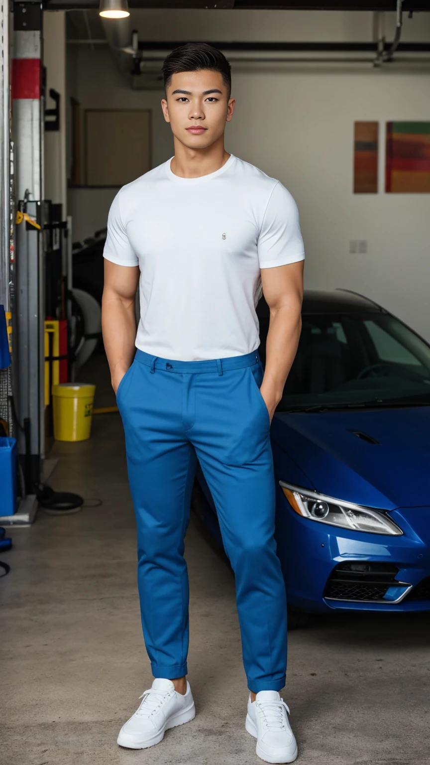 RAW, Best quality, high resolution, (masterpiece: 1.3), full body image, muscular asian young man in shirt, pants, shoes, Masterpiece, young man face, cute man face, cleanshaven, bright skin, rough skin, fierce eyes, soft smile, standing in a garage, masculine gesture, strong expression, body facing viewer, looking to viewer, at noon, Great lighting, great sunlight, Bright colors, Ultra realistic clean lines, very realistic
