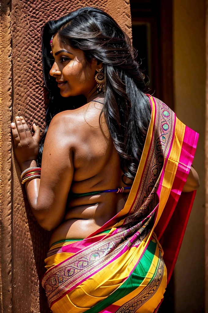 Create an image of a stunningly beautiful curvy Indian tribal woman, adorned in a vibrant and intricately designed saree, gracefully draped around her body without any blouse or bra. Her dark, luscious hair cascades down her back, framing her face perfectly. Her eyes, filled with warmth and wisdom, gaze into the distance, while her full lips curve into a gentle smile. Her curves are accentuated by the flowing fabric of the saree, which hugs her body in all the right places. She stands tall and proud, embodying the essence of femininity and sensuality, as she connects with the earth beneath her feet. The image captures the essence of the tribal woman to nature and her culture, while also highlighting her inner beauty and strength.