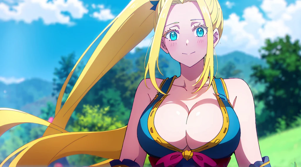 mksks style, masterpiece, best quality, long eyelashes, eyeliner, eyeshadow, mascara, colorful, pink lips, deep skin, looking at viewer, full body, curvy, beatrix amerhauser , 1girl, breasts, solo, long hair, blue ribbon, twintails, gloves, ribbon, rei no himo, large breasts, blue eyes, blonde hair, looking at viewer, light smile, closed mouth, hair ribbon, bow, sleeveless, sleeveless dress, bangs, blush, cleavage cutout, hair ornament, very long hair, arm ribbon, shiny skin, outdoors, grassy fields, blue sky, cloudy sky, tight, taut dress, breast focus, upper body, sexy pose, microbikini, bare shoulders, breastsout, off the shoulders, breastsout, no clothes