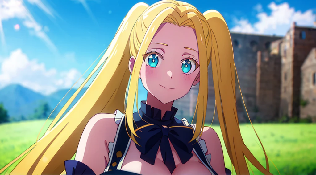 mksks style, masterpiece, best quality, long eyelashes, eyeliner, eyeshadow, mascara, colorful, pink lips, deep skin, looking at viewer, full body, curvy, beatrix amerhauser , 1girl, breasts, solo, long hair, blue ribbon, twintails, gloves, ribbon, rei no himo, large breasts, blue eyes, blonde hair, looking at viewer, light smile, closed mouth, hair ribbon, bow, sleeveless, sleeveless dress, bangs, blush, cleavage cutout, hair ornament, very long hair, arm ribbon, shiny skin, outdoors, grassy fields, blue sky, cloudy sky, tight, taut dress, breast focus, upper body, sexy pose, microbikini, bare shoulders, breastsout, off the shoulders, breastsout, no clothes