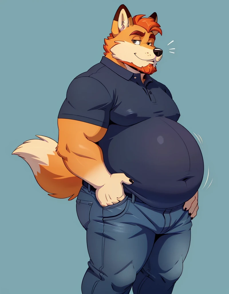 A male chubby anthropomorphic fox with a big belly and a beard , wearing a polo shirt and tight jeans, standing back view