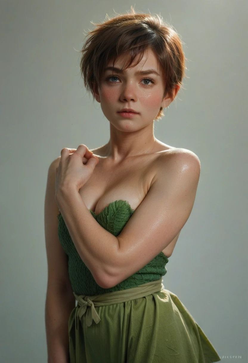 Woman Peter Pan short hair, shaggy belly hair 