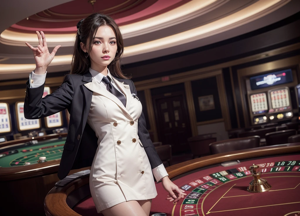 Draw a realistic young woman dressed as a croupier, wearing an elegant and well-fitted uniform. She should have her arms open in a welcoming gesture. In front of her, place a detailed and visible casino roulette wheel as part of the scene. The environment should evoke the sophisticated atmosphere of a luxury casino.