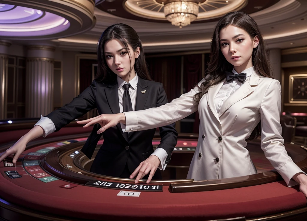 Draw a realistic young woman dressed as a croupier, wearing an elegant and well-fitted uniform. She should have her arms open in a welcoming gesture. In front of her, place a detailed and visible casino roulette wheel as part of the scene. The environment should evoke the sophisticated atmosphere of a luxury casino.